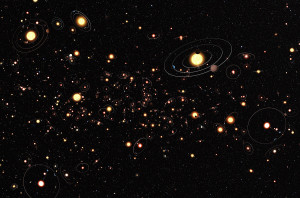 Esta recreación artística (con tamaños muy exagerados) es una representación de con qué frecuencia hay planetas alrededor de estrellas en la Vía Láctea. Crédito: ESO/M. Kornmesser