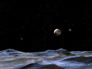 Concepto artístico de Plutón y Caronte visto desde uno de los satélites de Plutón. Crédito: NASA