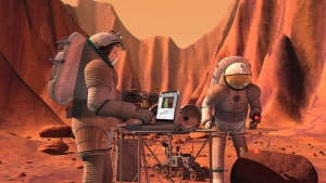Concepto artístico de astronautas en Marte. Crédito: NASA/JSC