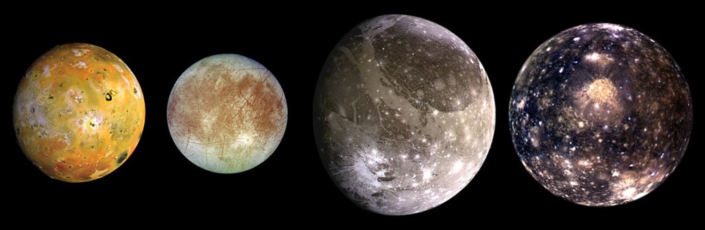 De izquierda a derecha (por orden de distancia a Júpiter): Ío, Europa, Ganímedes y Calisto. Crédito: NASA/JPL/DLR
