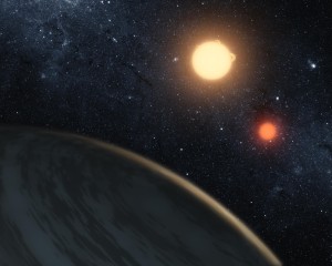 Recreación artística de Kepler-16b y su sistema estelar. Crédito: NASA/JPL-Caltech/T. Pyle