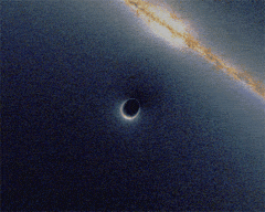 Esta animación es una simulación del efecto de lente gravitacional, producido cuando un agujero negro pasa por delante de una galaxia. Crédito: Usuario "Urbane Legend" de Wikipedia