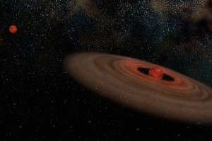 Concepto artístico de un sistema binario, compuesto por dos enanas marrones, en el que una de ellas contiene un disco de acreción. Crédito: NASA/Gemini Observatory/ L. Cook