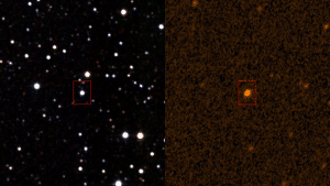 La estrella de la discordia, a la izquierda en infrarrojo, y a la derecha en ultravioleta.  Crédito: Infrarrojo: IPAC/NASA Ultravioleta: STScI (NASA)