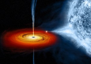 Este es un concepto artístico de un agujero negro llamado Cygnus X-1. Se formó tras el colapso de una estrella gigante, y absorbe la materia de una estrella azul muy cercana (a 0,2 UA de distancia).  Crédito: NASA/CXC/M.Weiss