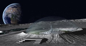 Concepto artístico de una ciudad construida dentro de un crater lunar.  Crédito: Getty