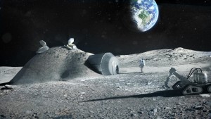 Otro concepto artístico de un astronauta en una base lunar, con la Tierra de fondo. Crédito: Science Photo Library