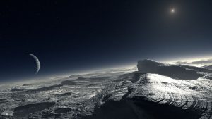 Concepto artístico del Sol, y Caronte, vistos desde Plutón. Crédito: ESO/L. Calçada