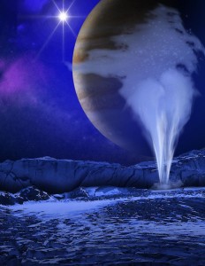 Concepto artístico de una columna de agua en Europa, con Júpiter y el Sol en el cielo. Crédito: NASA/ESA/K. Retherford/SWRI