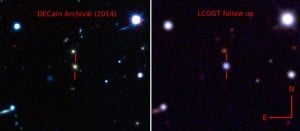 Imagen de las observaciones de la supernova. Crédito: Wayne Rosing/The Dark Energy Survey, B. Shappee and the ASAS-SN team 