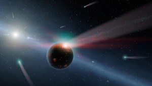 Concepto artístico de un planeta rocoso siendo bombardeado por cometas. Crédito: NASA/JPL-Caltech