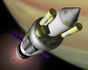 Este es un diseño de una nave propulsada por fusión nuclear propuesto por la NASA, como parte del proyecto Orión. Crédito: NASA
