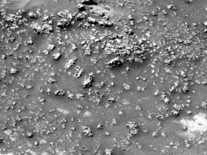 Una imagen tomada por el rover Spirit, cerca de la región "Home Plate" que muestra formaciones de silicio emergiendo del suelo. Podrían ser el resultado de vida microbial. Crédito: NASA/JPL-Caltech 