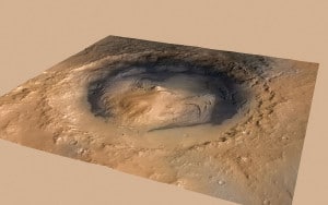 Esta imagen muestra el cráter Gale y el lugar en el que aterrizó el rover Curiosity (el punto verde). Crédito: NASA/JPL-Caltech/ESA/DLR/FU Berlin/MSSS