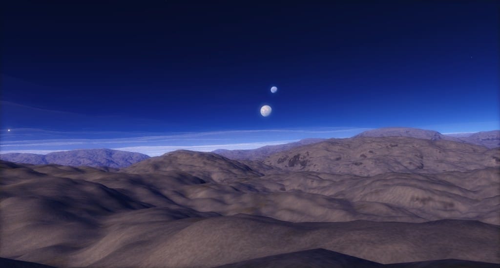 Un planeta terrestre con dos satélites a una distancia más cercana que la que separa la Luna de la Tierra. Crédito: Space Engine