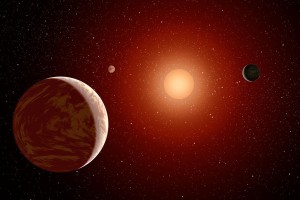 Concepto artístico de una enana roja rodeada por tres planetas. Crédito: NASA/JPL-Caltech