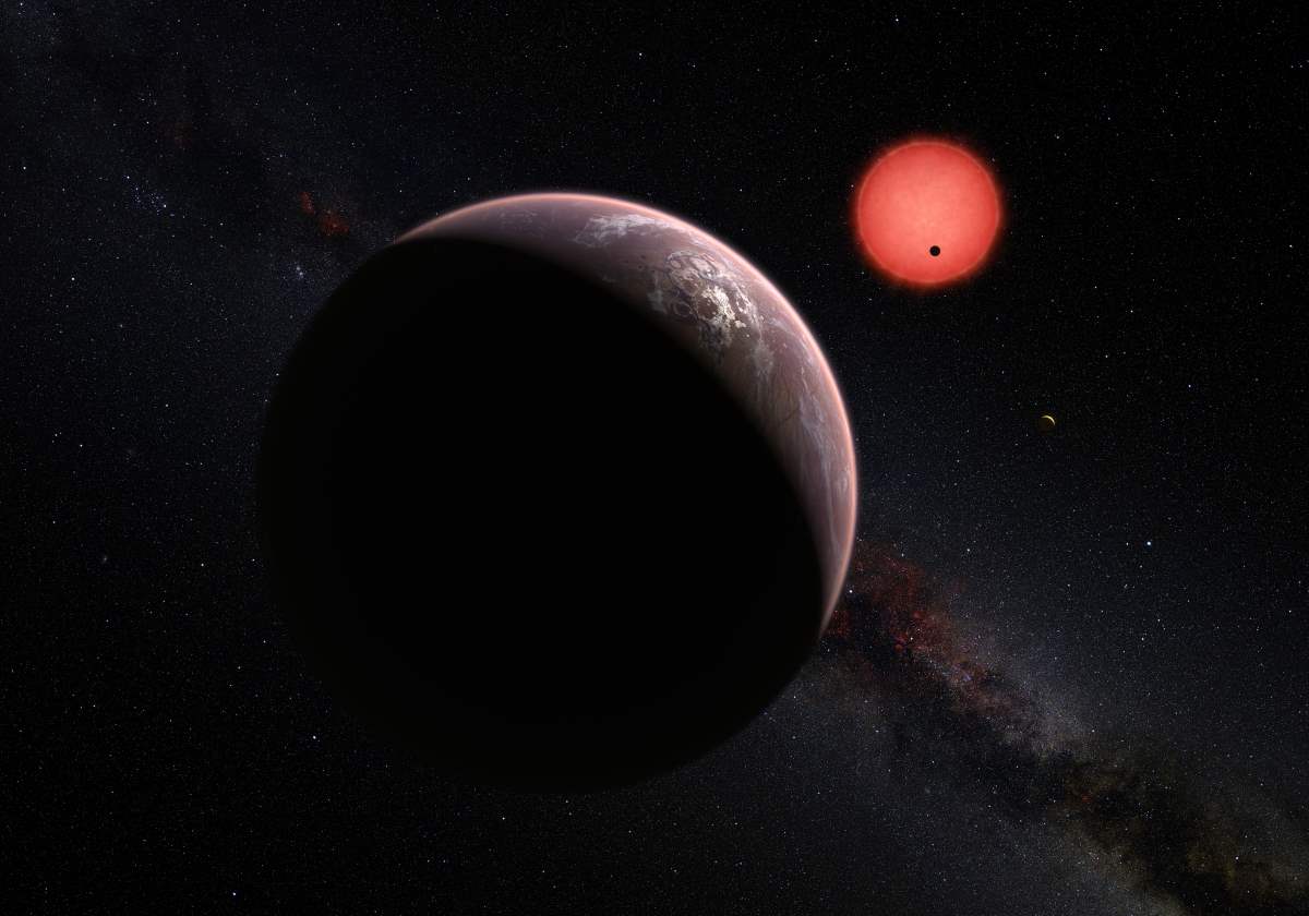 Concepto artístico de TRAPPIST-1 y sus tres planetas. Crédito: ESO/M. Kornmesser/N. Risinger (skysurvey.org)