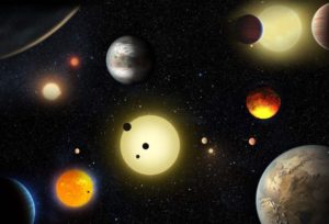 Este concepto artístico muestra diferentes descubrimientos planetarios hechos hastas la fecha con la ayuda del telescopio Kepler de la NASA. Crédito: NASA/W. Stenzel