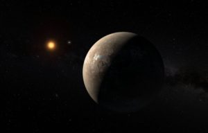 Concepto artístico del planeta, Próxima b, orbitando alrededor de su estrella, con Alfa Centauri A y B al fondo. Crédito: ESO/M. Kornmesser