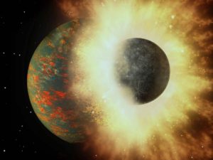 Recreación artística de una colisión entre la Tierra, poco después de su formación, y un planeta de un tamaño similar al de Mercurio. Crédito: A. Passwaters/Rice University based on original courtesy of NASA/JPL-Caltech.