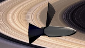 Concepto artístico del STI sobrevolando los anillos de Saturno. Crédito: Elon Musk/SpaceX