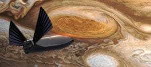 Concepto artístico del STI llegando a Júpiter. Crédito: Elon Musk/SpaceX