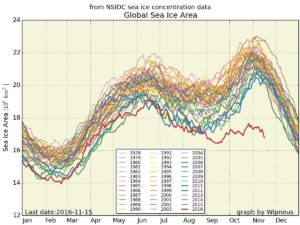 Extensión global del hielo marino en los últimos años. La tendencia en 2016 (línea roja) es preocupante. Crédito: Zack Labe/Wipneus