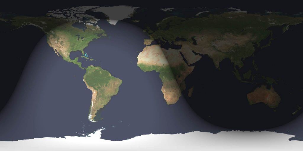 Mapa de iluminación de la Tierra en el momento del solsticio de diciembre, uno de los eventos destacados del calendario astronómico de diciembre de 2022.