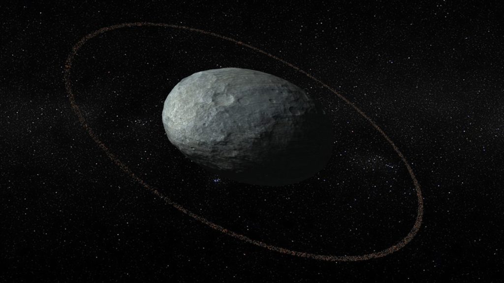 Concepto artístico del planeta enano Haumea con sus anillos, uno de los objetos más destacados del calendario astronómico de abril de 2024