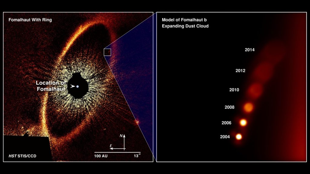 Esta imagen muestra, en la derecha, la desaparición de Fomalhaut b, que se creía que era un exoplaneta.
