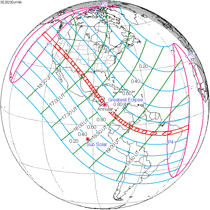 Mapa de visibilidad del eclipse solar anular del 14 de octubre de 2023, uno de los grandes eventos del calendario astronómico de este mes. Crédito: NASA